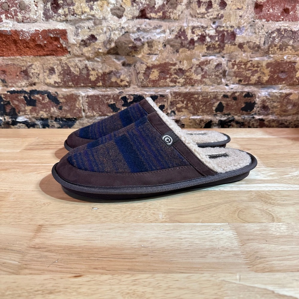 Cobian Mens Plaid Mule Slippers Brown Navy Faux Shearling Lined House Shoes